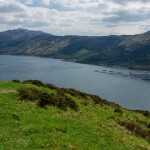 An aerial photo of a Scottish salmon farm in the Highlands
