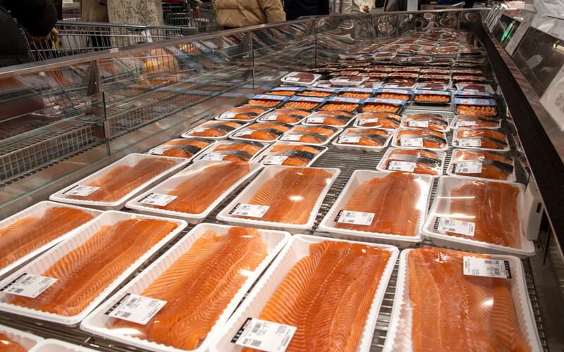 Salmon for sale at a grocery store in Shanghai, China