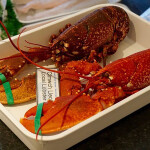 Two lobsters with their claws tied in a dish