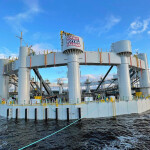 An offshore aquaculture system built by Norway Royal Salmon floating in the water