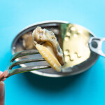 A canned clam product on a fork, with the can in the background