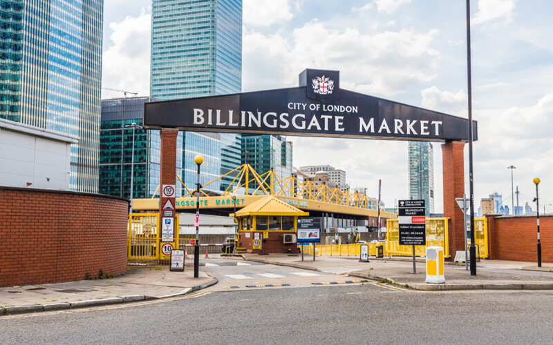 The exterior of the Billingsgate Market in East London