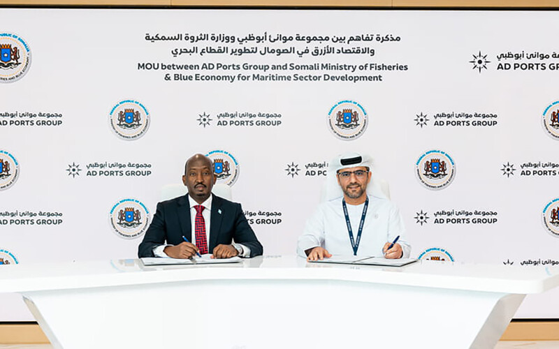 Somalia Minister of Fisheries and Blue Economy Ahmed Hassan Aden and AD Ports Group Managing Director and Group CEO Mohamed Juma Al Shamisi signing a memorandum of understanding