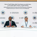 Somalia Minister of Fisheries and Blue Economy Ahmed Hassan Aden and AD Ports Group Managing Director and Group CEO Mohamed Juma Al Shamisi signing a memorandum of understanding