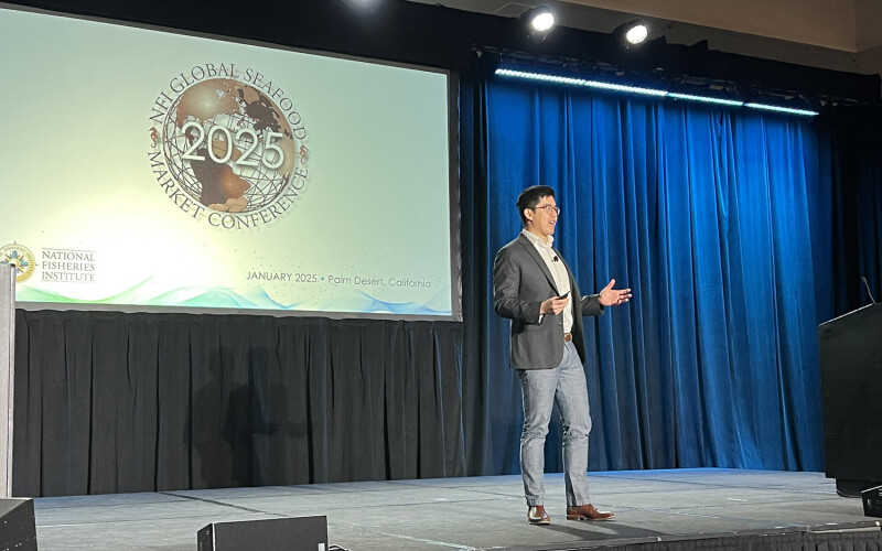 Manolin Co-Founder and CEO Tony Chen presenting at the 2025 Global Seafood Market Conference