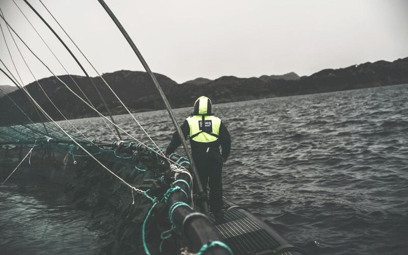 A Grieg Seafood farmer tending to a net pen on the open ocean