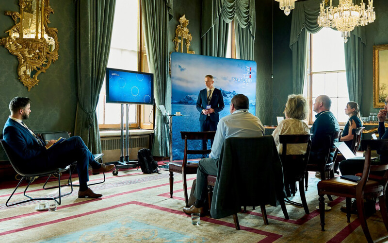 Norwegian Seafood Council (NSC) Consumer Behavior Analyst Lars Moksness presenting at the 2025 Norway-U.K. Seafood Summit