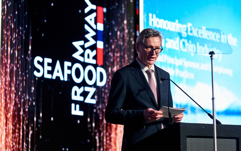 Norway Ambassador to the United Kingdom Tore Hattrem presenting during the 2025 Norway-U.K. Seafood Summit