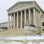 An exterior view of the U.S. Supreme Court building in winter
