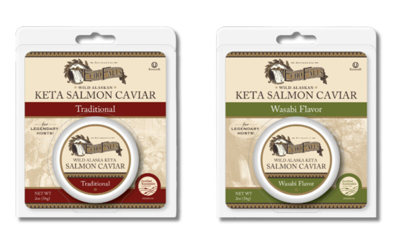 Packaging for Echo Falls' traditional and wasabi flavored salmon caviar