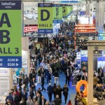A top-down view of attendees in a hall of Seafood Expo Global in Barcelona, Spain