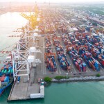 An aerial view of a cargo port in Shanghai, China