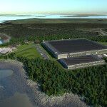 A rendering of an aerial view of Kingfish Maine's proposed yellowtail recirculating aquaculture system facility