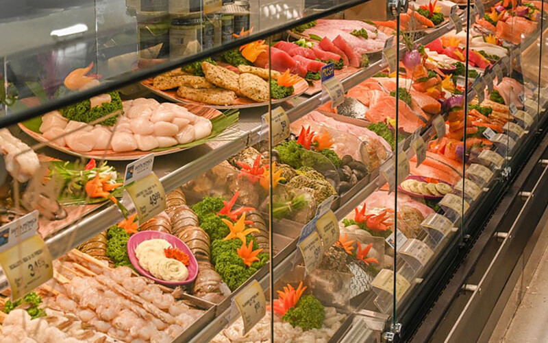 Fresh seafood on display at a grocery store
