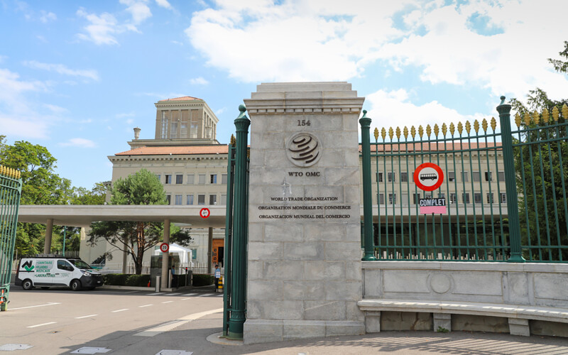 The entrance to the World Trade Organization building in Geneva, Switzerland