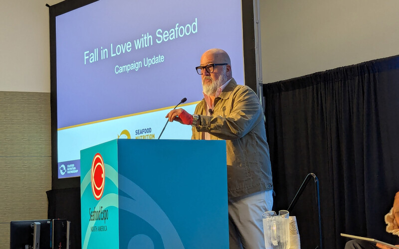 TV personality and James Beard award-winning Chef Andrew Zimmern presenting at the 2025 Seafood Expo North America