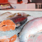 Salmon on display in a Norwegian market in Bergen
