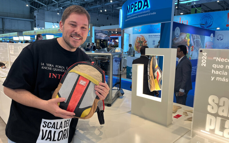Carlos Jiménez displayed prototypes of items made with Salmon Planet's marine leather at SEG 2025