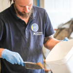 A Benchmark Holdings employee scooping aquaculture feed