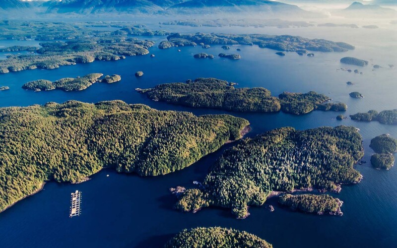 An aerial view of the Broughton Archipelago in British Columbia, Canada