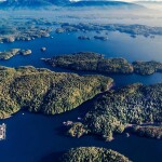 An aerial view of the Broughton Archipelago in British Columbia, Canada