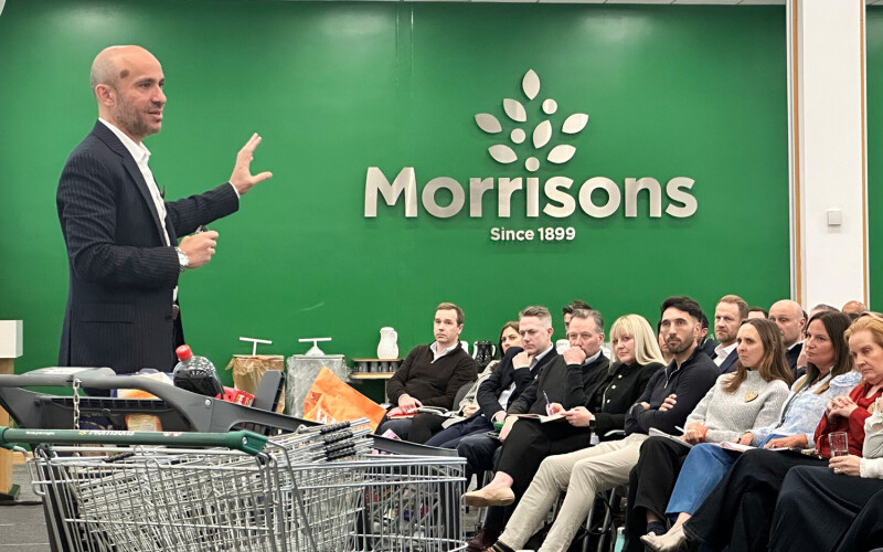 Morrisons CEO Rami Baitiéh speaking with Morrisons' leadership group