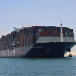 A CMA CGM shipping vessel transiting the Suez Canal