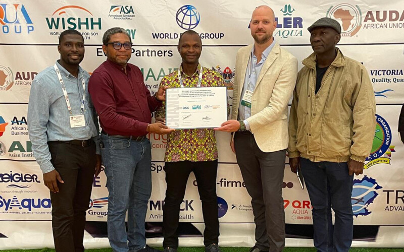 Members of the the Aquaculture Stewardship Council and the Chamber of Aquaculture Ghana pose with the recently signed deal