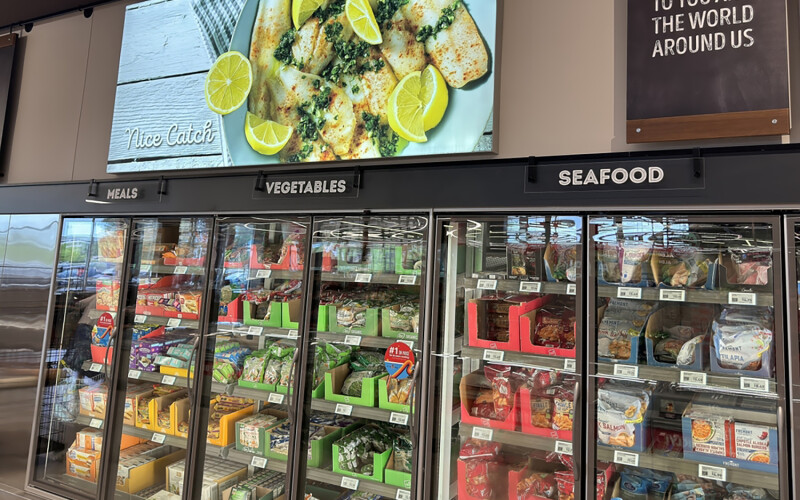 A seafood freezer at an Aldi store in Danvers, Massachusetts, U.S.A.
