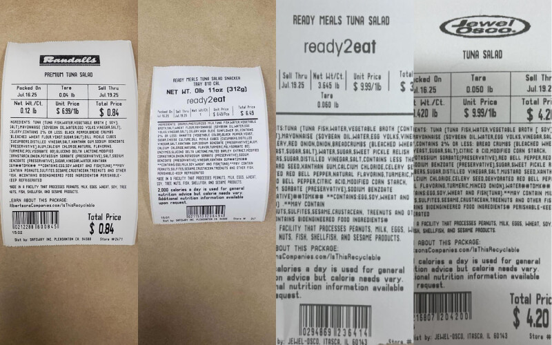 Four labels for recalled items from Albertsons and Jewel-Osco retailers