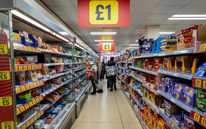 A discount aisle in a U.K. grocery store