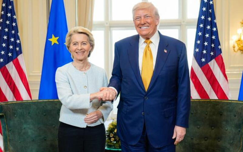 European Commission President Ursula von der Leyen shaking hands with U.S. President Donald Trump