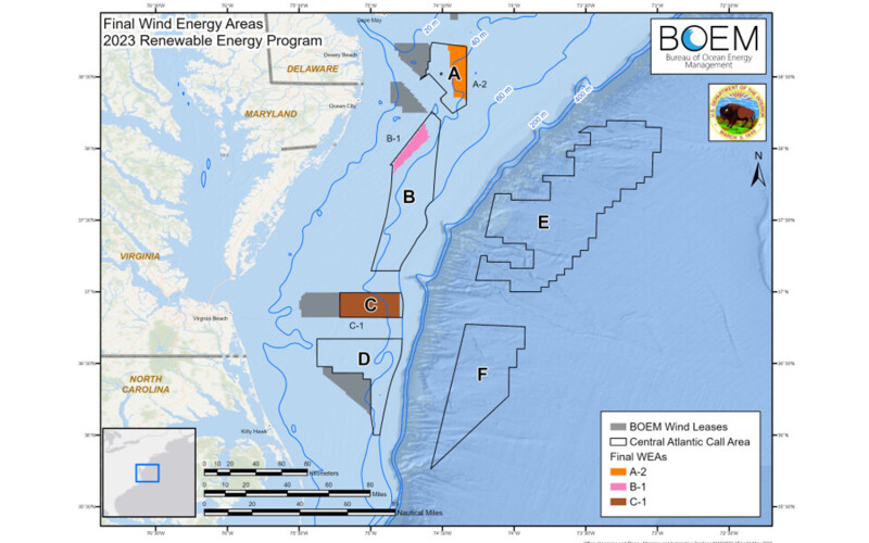 A graphic showing Bureau of Ocean Energy Management's designated wind energy areas