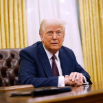 U.S. President Donald Trump at his desk in the Oval Office