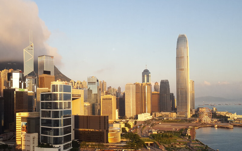The Hong Kong skyline at sunrise