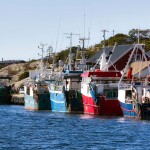 Norwegian fishing boats docked in a small town