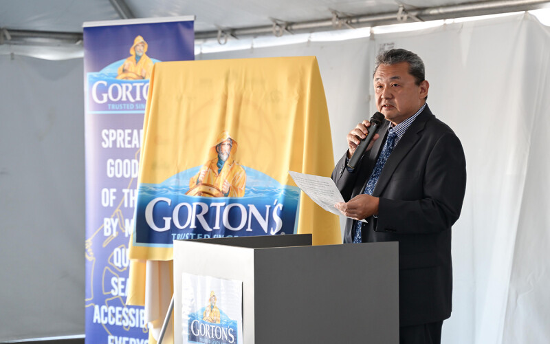 Nissui Corporation CEO Teru Tanaka delivering a speech at the Gorton's plant opening
