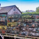A pile of lobster traps on a dock in Maine