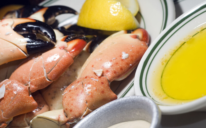 Stone crab claws on a plate with butter