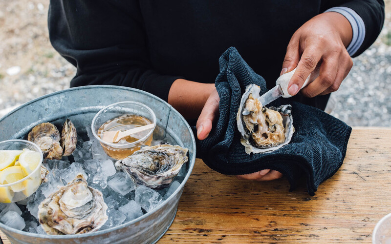 A woman shucking oysters