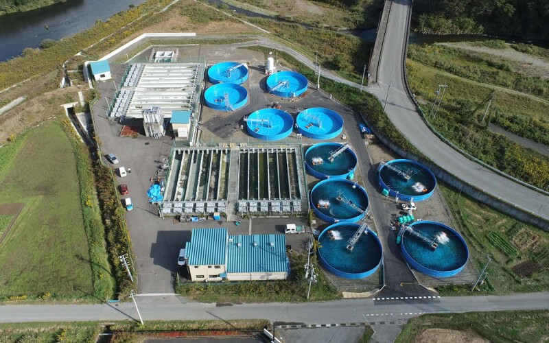 An aerial view of the "Nissui Kesengawa Fish Farm"