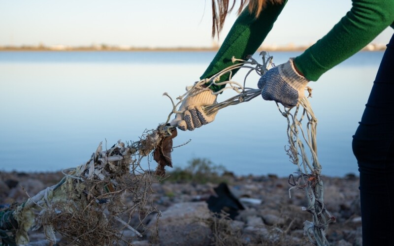 A person removing fishing waste from a beach