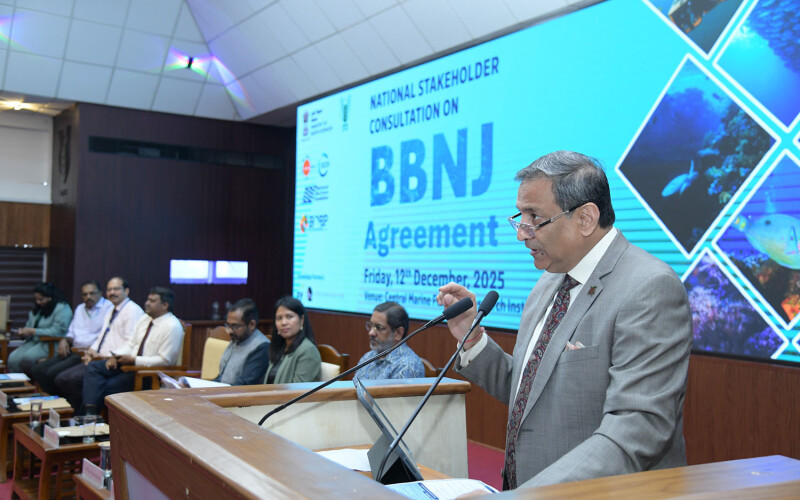 A panel speaking during a consultation on the BBNJ Agreement in India