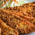 Breaded and fried catfish on a plate