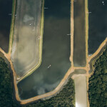 An aerial shot of Ecuadorian shrimp farms
