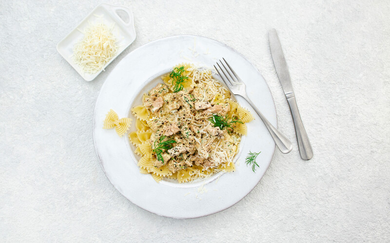 Hailia pulled rainbow trout over pasta