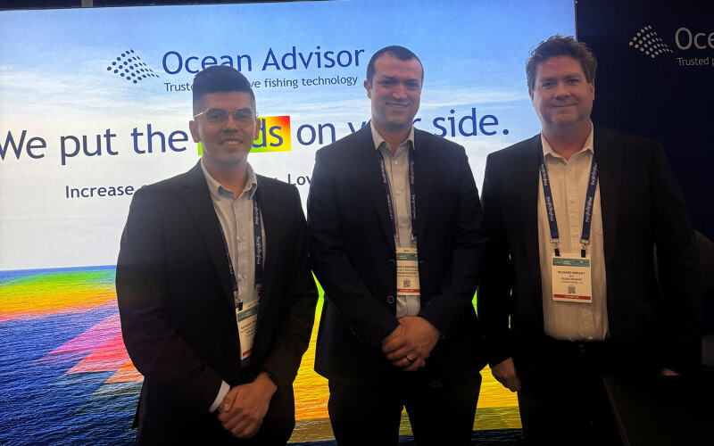 (From left) Ocean Advisor Founding Software Engineer Anthony Penaflor, Senior Software Engineer Joshua Casaraconn, and CEO Richard Wright at the 2026 Seafood Expo North America