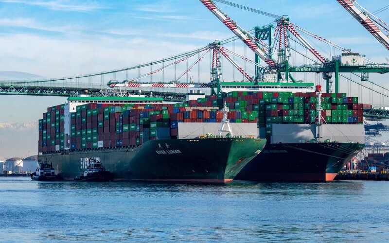 A cargo vessel at the port of Los Angeles, California, U.S.A.