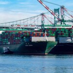 A cargo vessel at the port of Los Angeles, California, U.S.A.