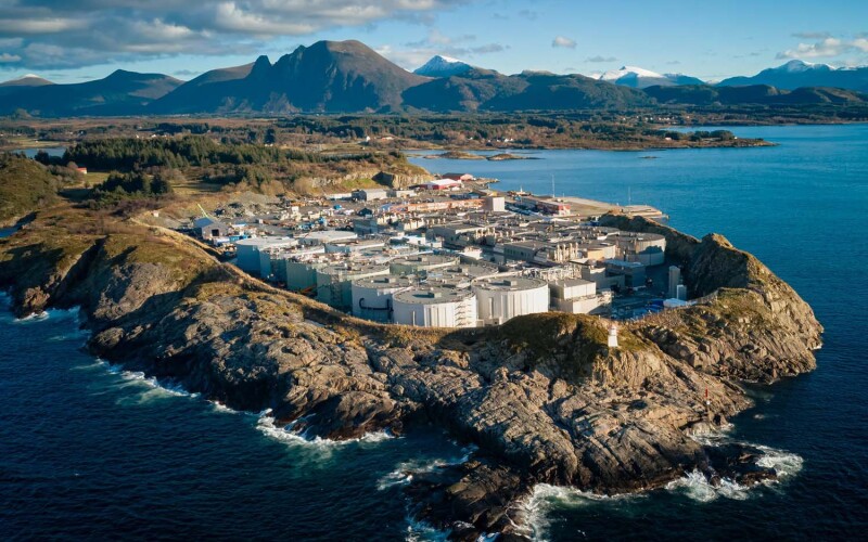An aerial view of Salmon Evolution's land-based salmon farm in Norway